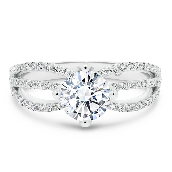 Cammeray engagement ring with 4-prong setting and encrusted basket on curved triple row accented split band