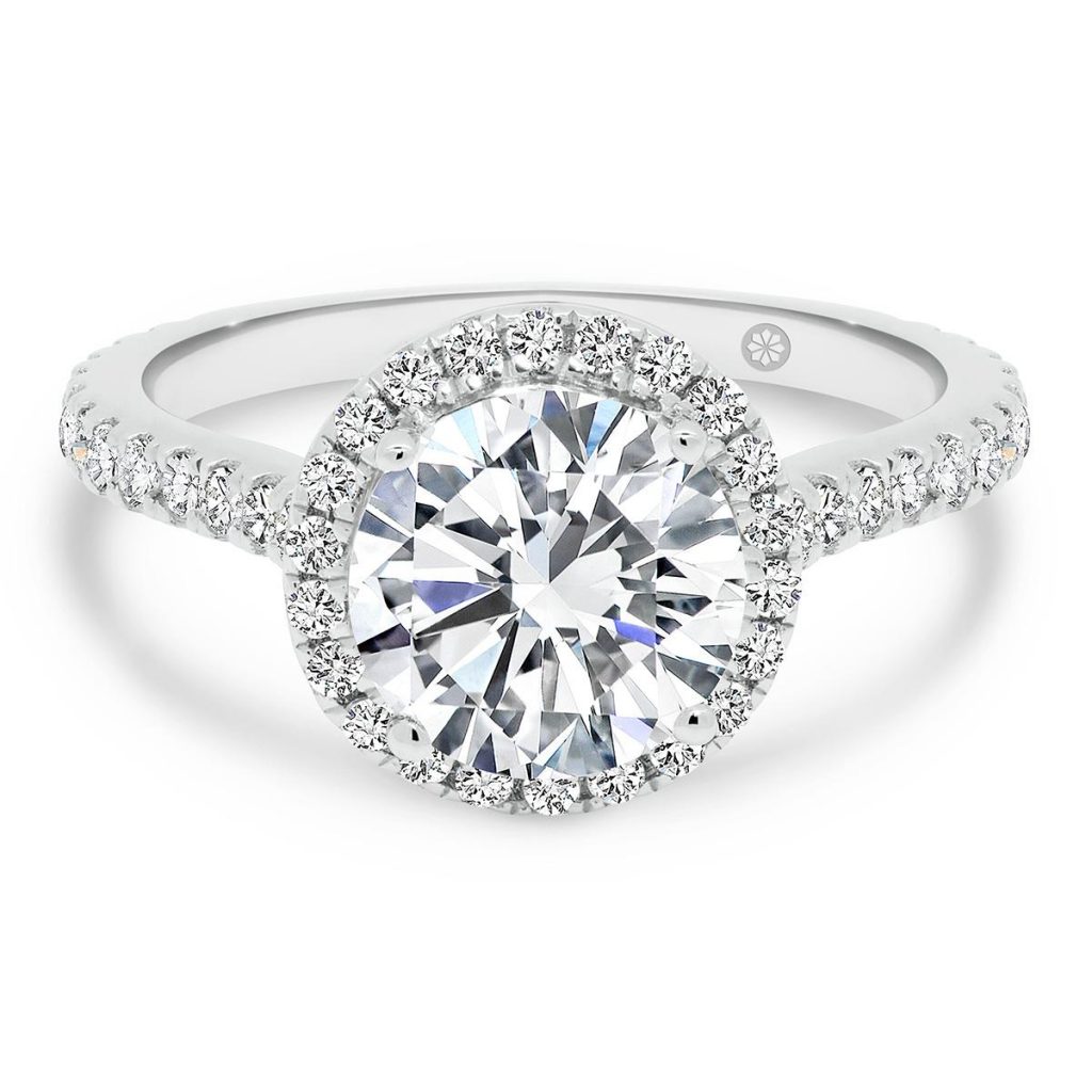 Avalon Round 7.5-8.0 halo engagement ring open gallery and pave band