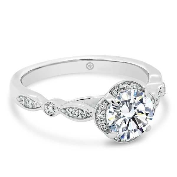 Fairlight Round 1.00 engagement ring with alternating art deco band and cushion shaped halo