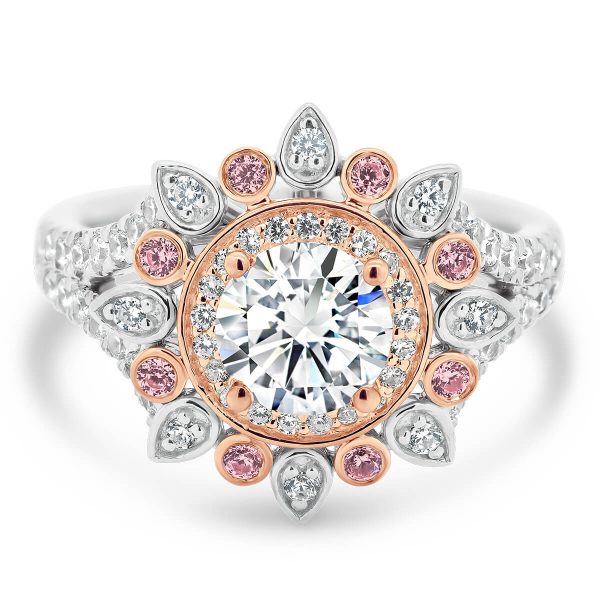 Florence Pink lab grown diamond cocktail ring two tone White Gold Rose Gold floral halo