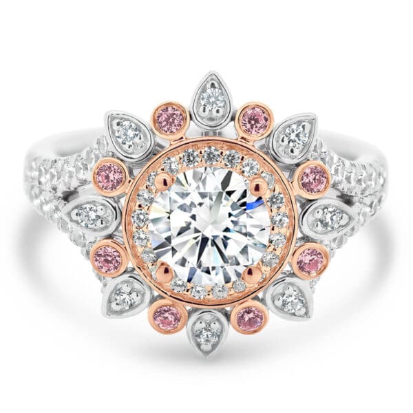 Florence Pink Lab Grown Diamond Cocktail Ring Two Tone White Gold Rose Gold Floral Halo