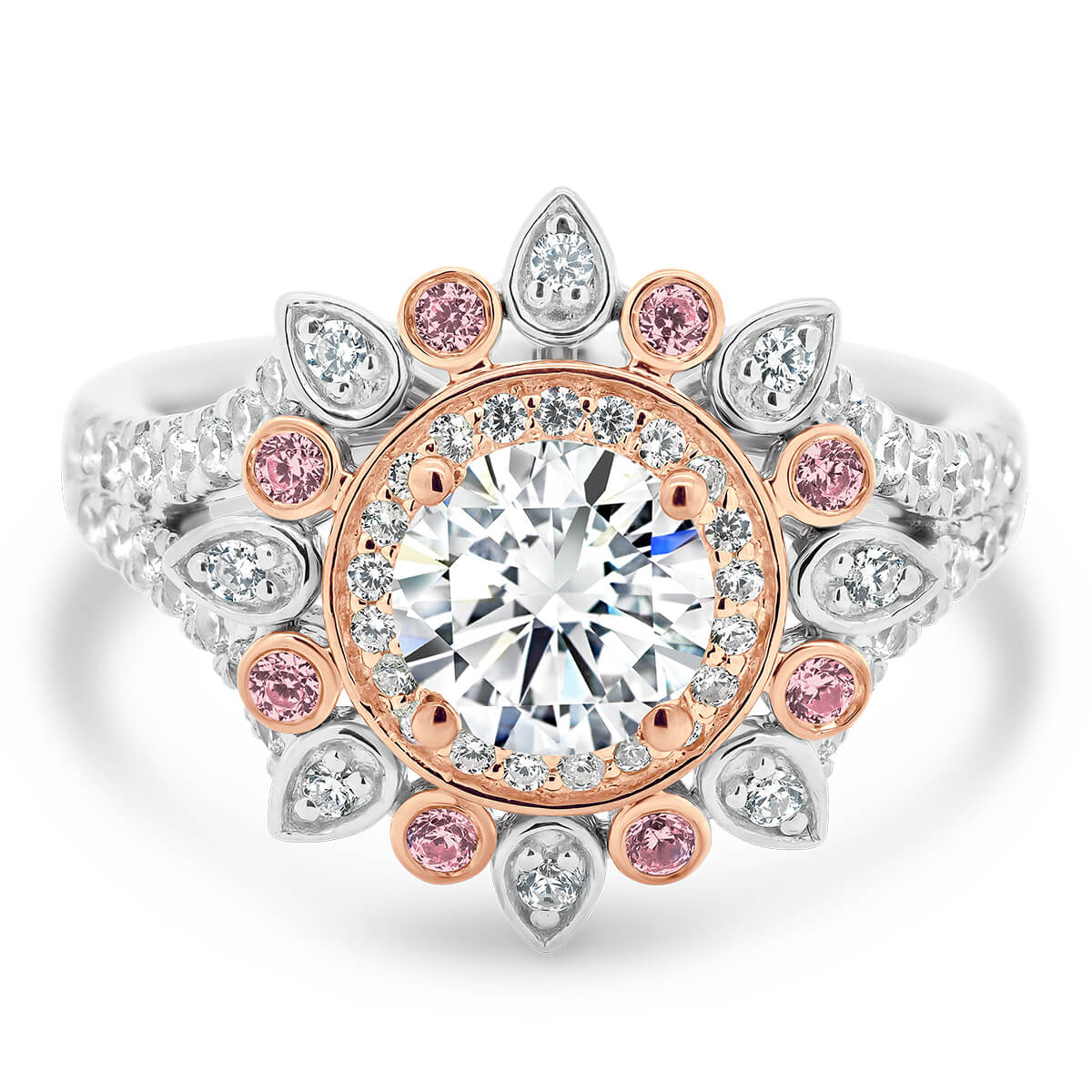 Florence Pink lab grown diamonds cocktail ring two tone White Gold Rose Gold floral halo