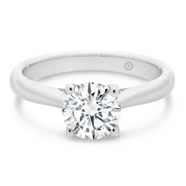 Melrose solitaire engagement ring with Moissanite encrusted crossover trellis gallery