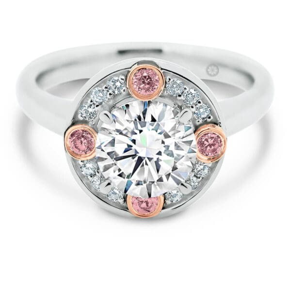 Vienna Round Pink Lab Grown Diamond Ring With Pave Set Halo On Plain Band