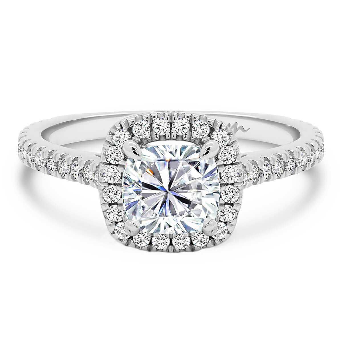 Ava Cushion 6.0-7.0 Moissanite Ring Cushion With Halo Setting On 3/4 Band