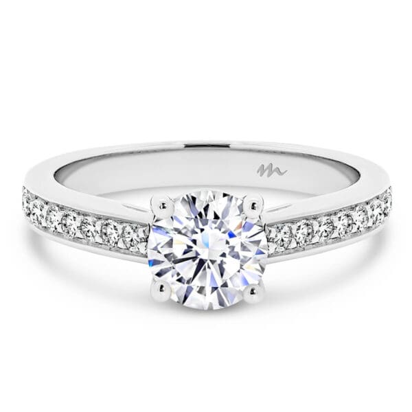 Bianca Round 6.5-7.0 Designed Moissanite Ring With Round Centre Stone And Pave Band.