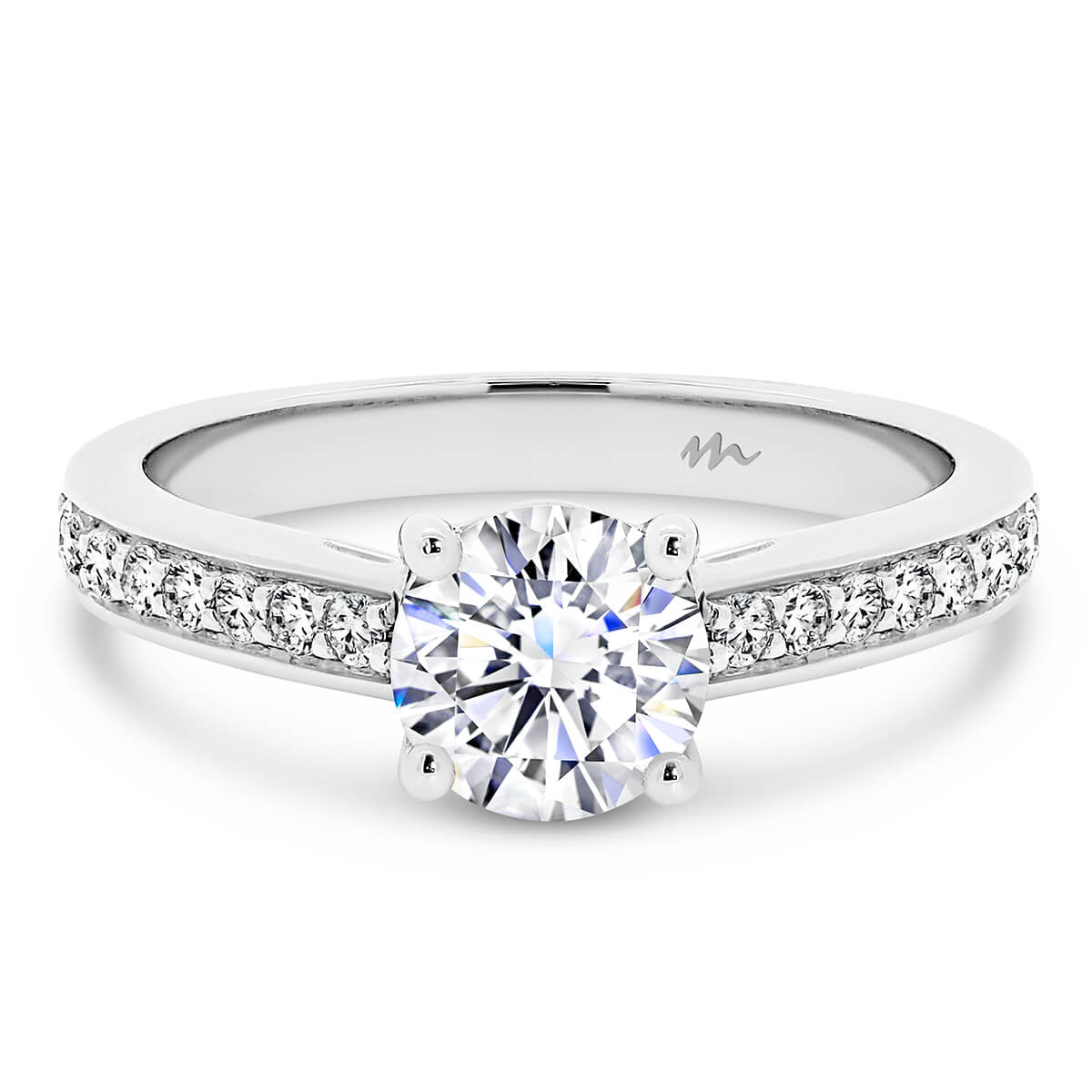 Bianca designed Moissanite ring with round centre stone and pave band.