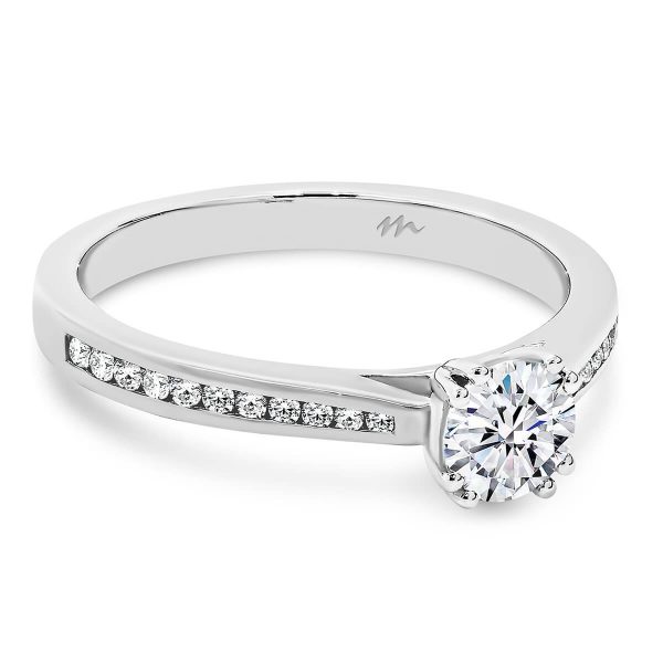 Bailey 5.0 Moissanite engagement ring with double 4 prong setting on graduating channel set half band