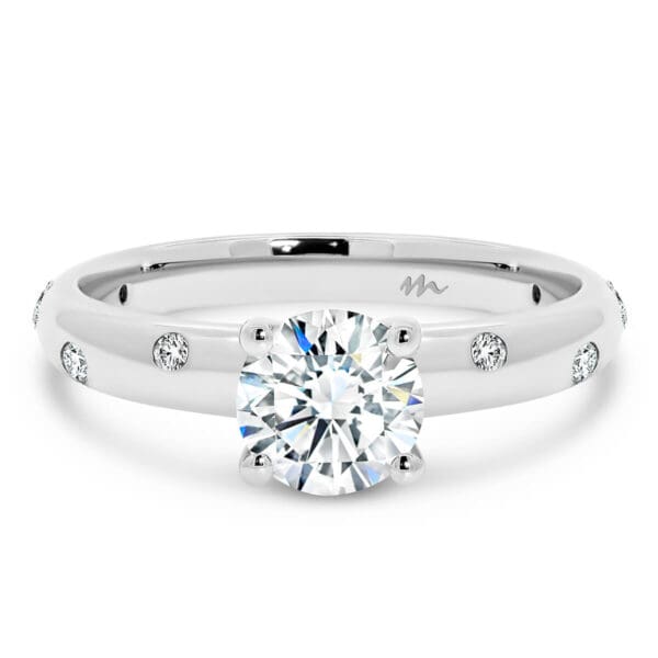 Cecilia 4 Prong Round Brilliant Moissanite Ring With A Random Hammer Set Band