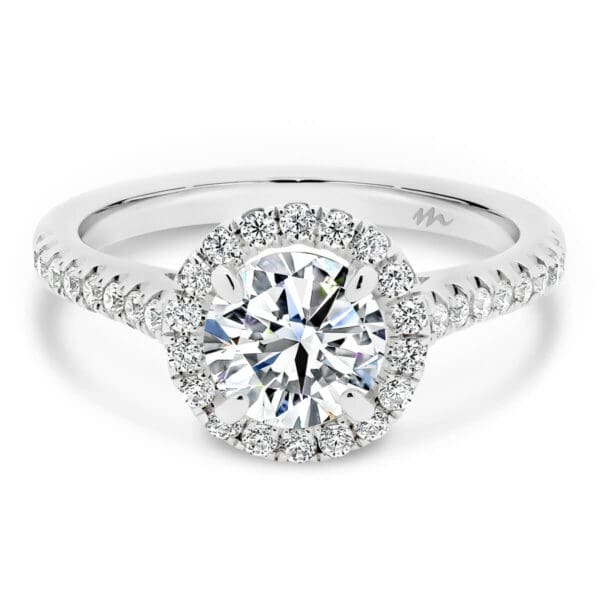 Delta 6.5-7.0 halo Moissanite engagement ring with sparkling accnets on the band.