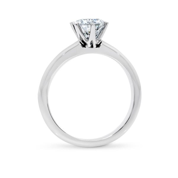 Round solitaire engagement ring design with 6 prong setting on half rounded band
