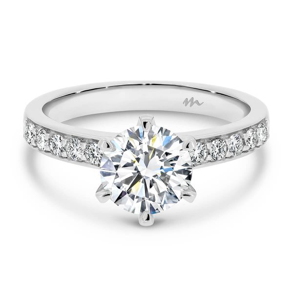 Isabelle 7.5mm Round Moissanite ring with pave set band
