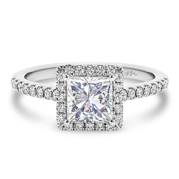 Jackie engagement ring princess cut centre stone with prong set halo and band with cathedral setting