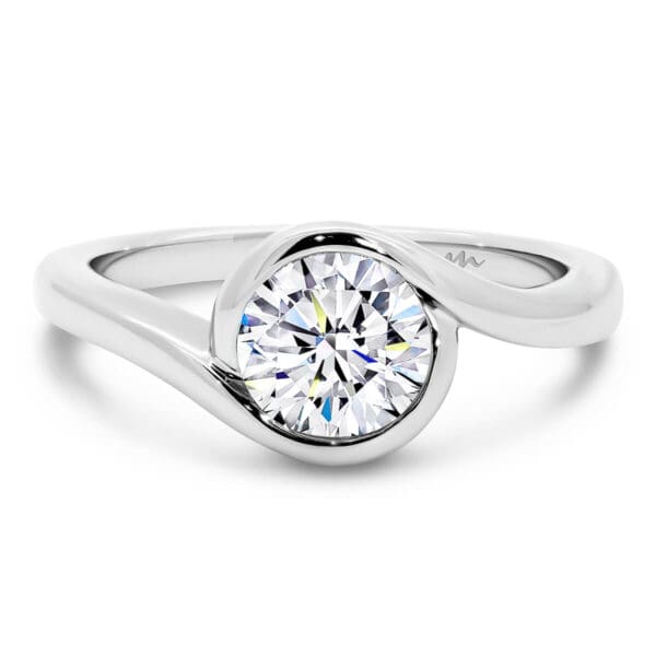 Liza Moissanite Engagement Ring Solitaire Ring With Swirl Halo And Round Bezel Set Stone