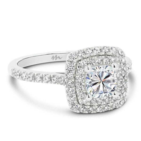 Louisa Cushion 5.0-5.5 Moissanite engagement ring with micro pave double halo and band