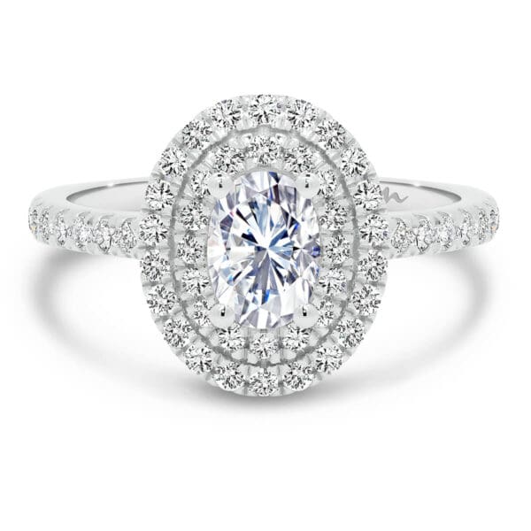 Louisa Oval 6x4-7x5 Moissanite engagement ring with double halo and encrusted band