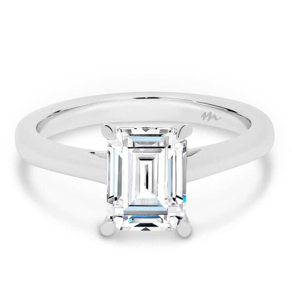 Lydia Emerald 8x6-9x7 4 prong solitaire on rounded band with open v gallery