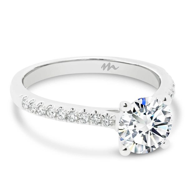 Lyla timeless 4 prong round moissanite ring on delicate band prong set