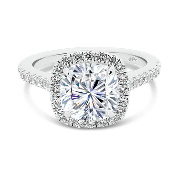 May 7.5-8.0 Cushion Halo Engagement Ring With Stones All Over The Bridge And Band.