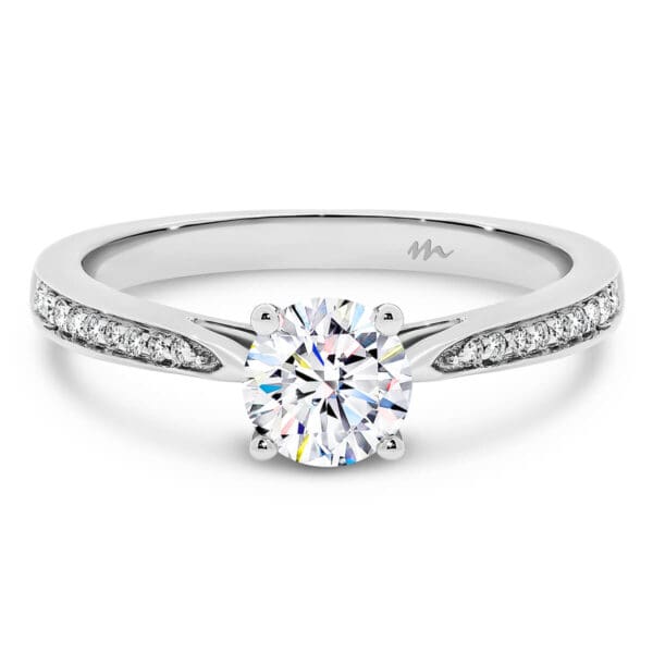 Montana 5.0 4-Prong Round Moissanite Engagement Ring On Half Band Of Graduating Stones