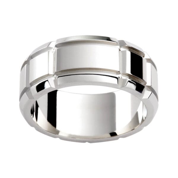 P295 men's patterned ring in polished white gold with deep horizontal and vertical cut-out grooves