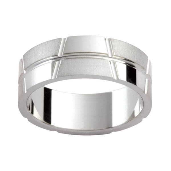 P299 Stylish Patterned Men'S Ring With Asymmetrical Verical Grooves And Horizontal Groove Line In An Emery And Polished Finish