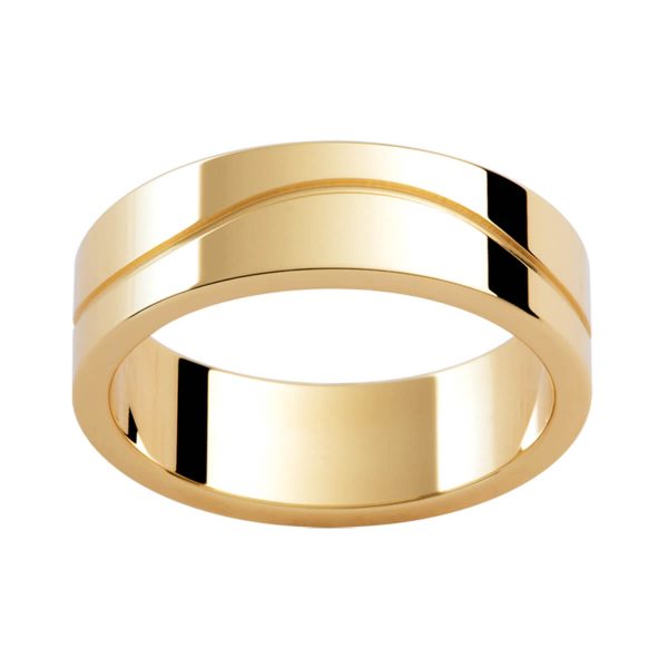 P343 polished men's ring in a flat band with waved groove in centre