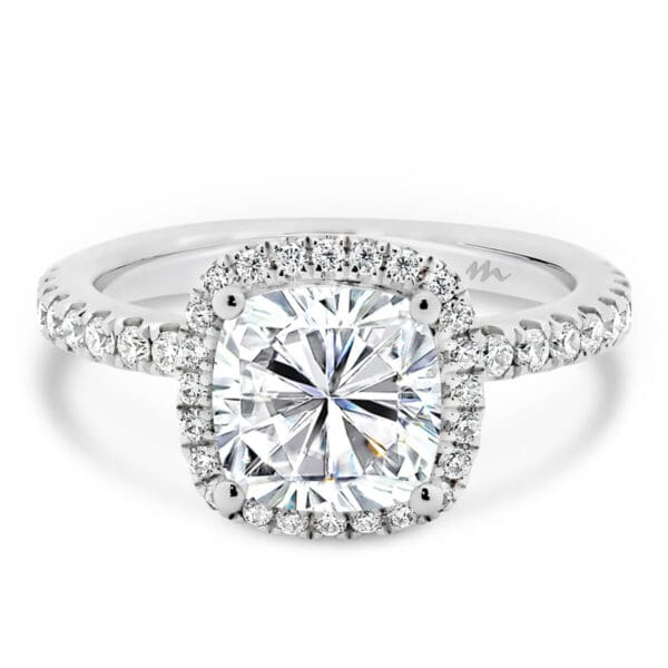 Rosie Cushion 7.0-7.5 Engagement Ring With Accented Halo And Prong-Set Band.