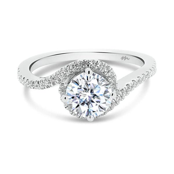 Sarah 6.5 Moissanite Engagement Ring With Swirl Halo Prong Set Band