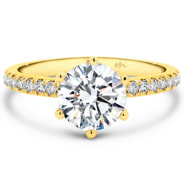 Victoria Round Solitaire Moissanite Engagement Ring With 6-Prong Setting On Fine Pave Band