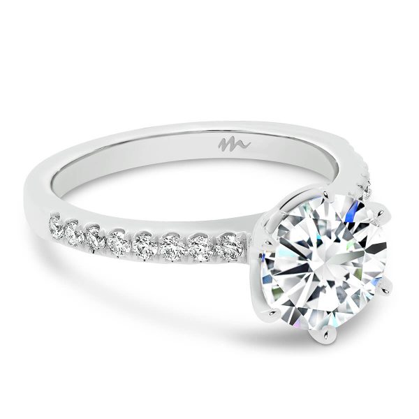 Victoria Round 7.5-8.0 Solitaire Moissanite Engagement Ring With 6-Prong Setting On Fine Pave Band
