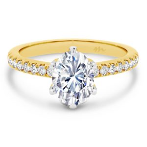 Victoria Oval 8x6-9x7 Moissanite engagement ring on thin encrusted half band