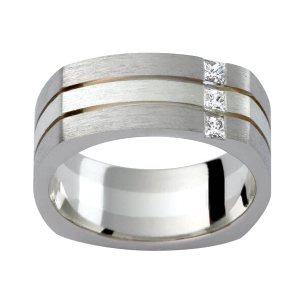 Dj102E Stylish Men'S Square Shape Diamond Wedding Band With 3 Princess Cut Diamonds On Twotone Gold