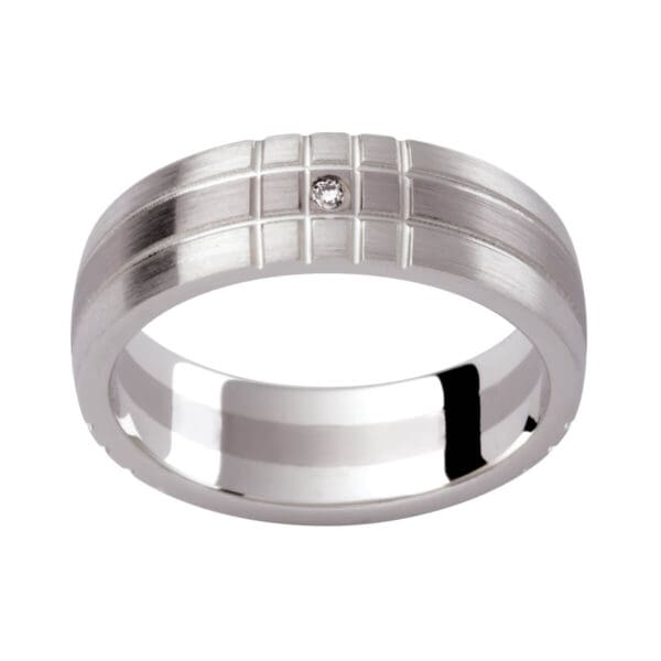 D118 Men'S Band With A Diamond Accent With Cris-Cross Pattern In Two-Tone White Gold Brushed Finish