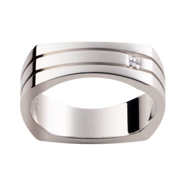 D57 stylish men's square wedding ring with a princess cut diamond with deep cut-out grooves