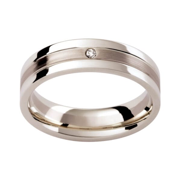 DC114 men's wedding band with a diamond accent in polished & brushed finish with grooves