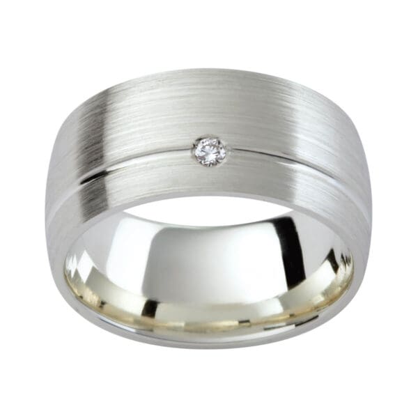 DC25 stylish men's ring in a brushed finish with a diamond accent and polished groove