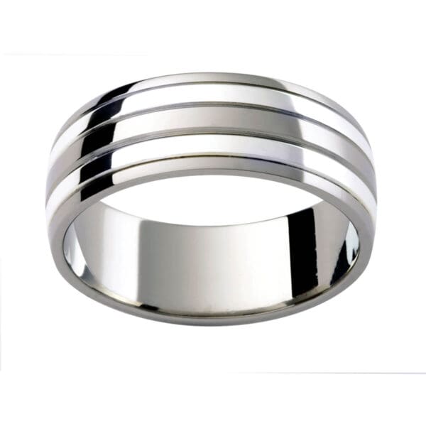 F199 men's white gold band with alternating finishes with grooved lines