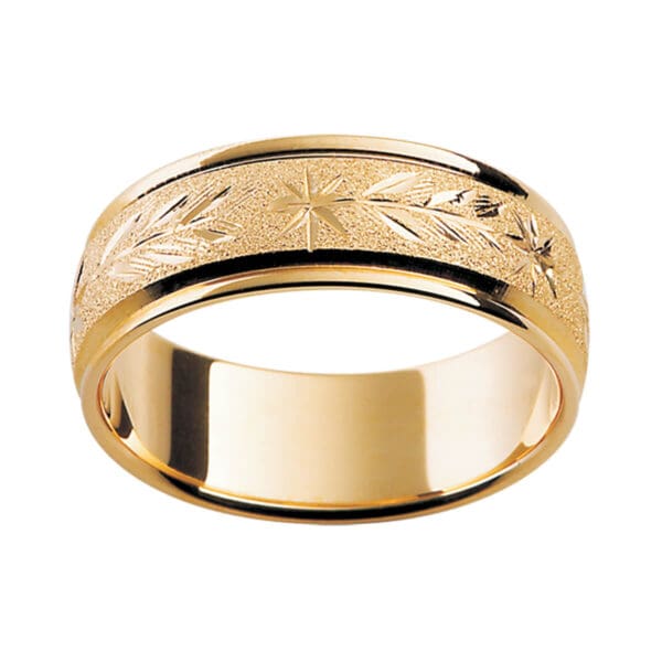 H13 Stylish Men'S Yellow Gold Ring With Hand-Engraved Pattern On A Specialty Finish