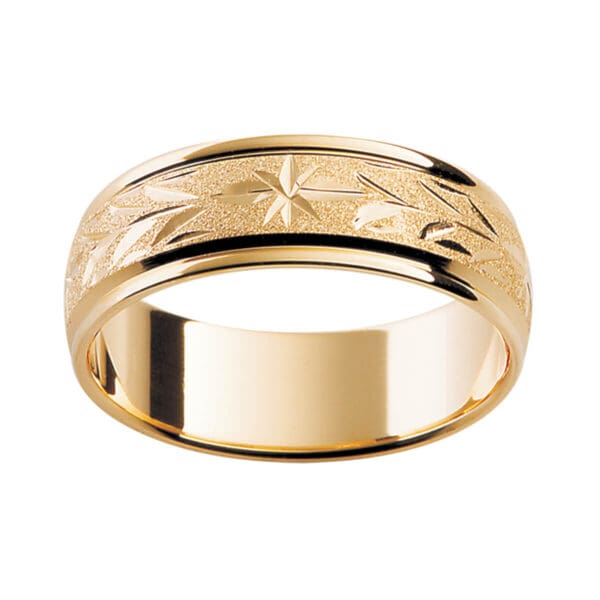 H2 Premium 18K Gold Men'S Wedding Band With Hand-Engraved Pattern In A Special Finish