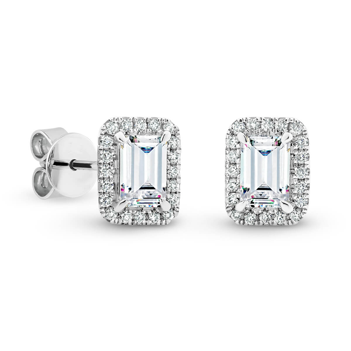 Tiana 6X4 Emerald Cut Moissanite Stud Earrings With Halo