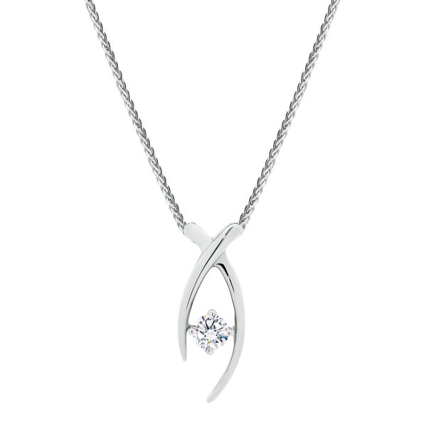 Crossover solitaire diamond pendant with a slider chain.