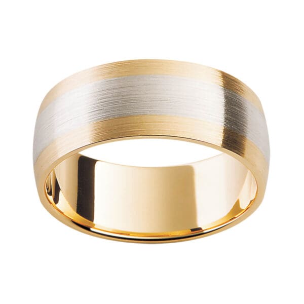 F138 men's wedding ring in two tone gold with contrast center