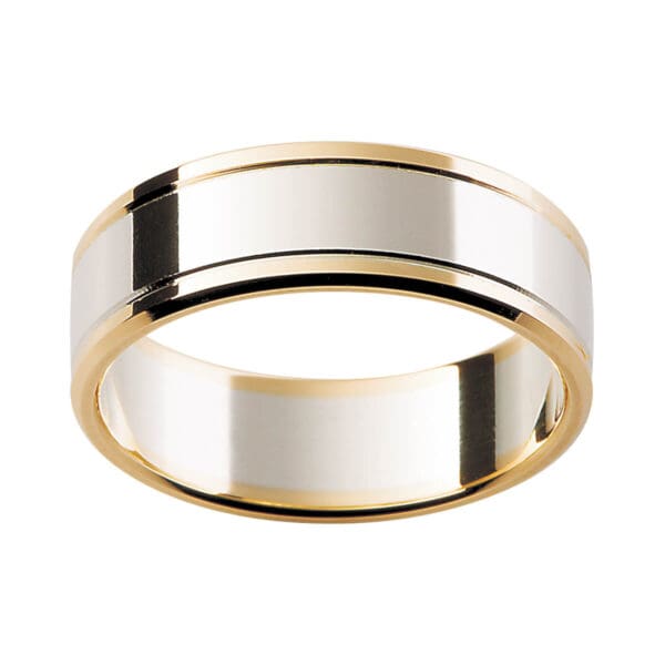 F141 Men'S Ring In Two Tone Polished Gold With Beveled Edge And Grooved Lines