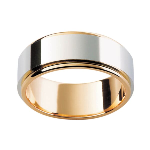 F156 Plain Men'S Wedding Ring With High Polished White Gold Overlay In Yellow Gold Band