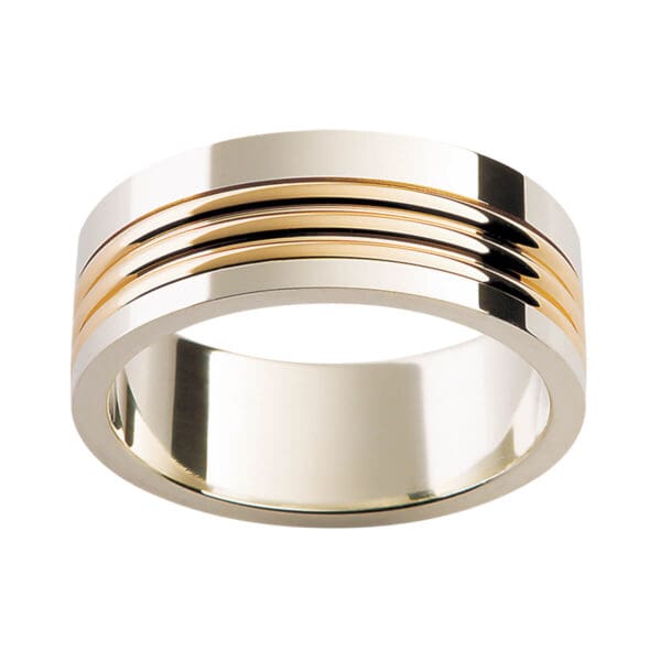 F161 classic meets modern in this two tone men's ring with contrasting gold ridges overlay running across centre section