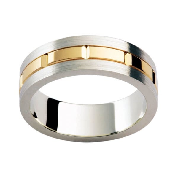 F182 Stylish Men'S Band In Brushe White Gold With Polished Grooved Yellow Gold Overlay In The Centre