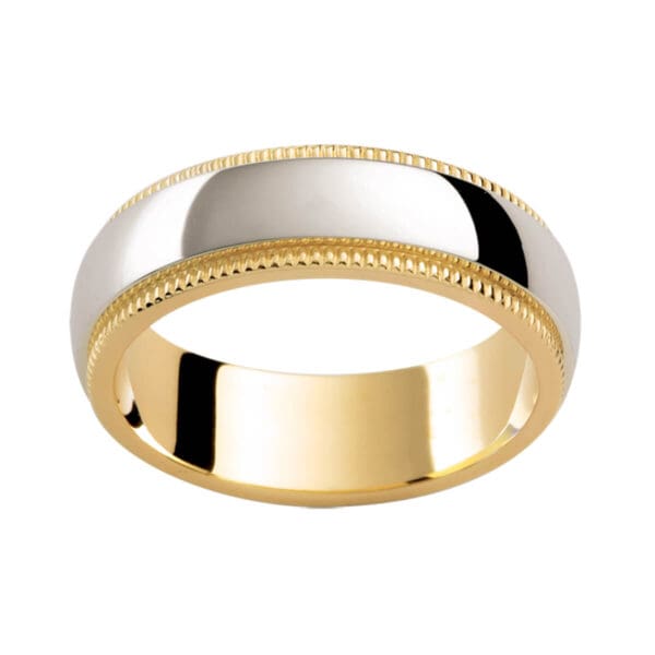 F183 Two Tone Plain Men'S Band With Polished White Gold Overlay On Yellow Gold Inner Band With Milgrain Edges