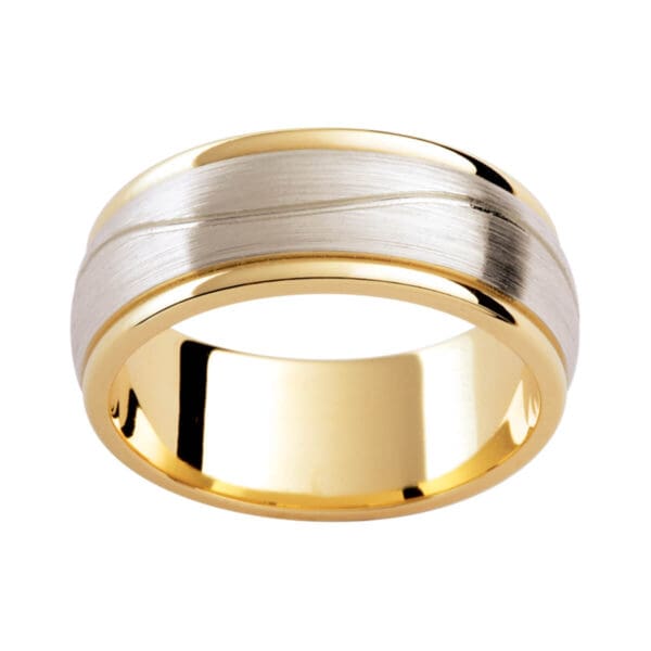 F189 two tone men's band with brushed white gold overlay with gentle wave pattern on polished yellow gold inner band