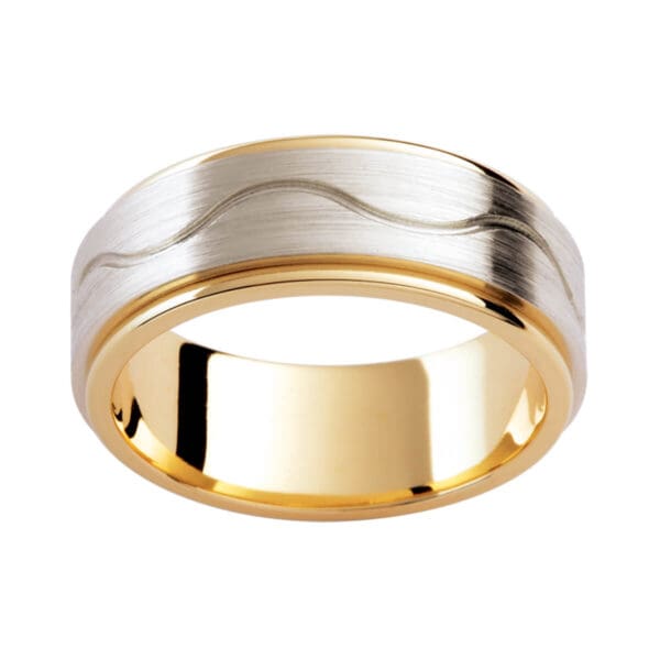 F192D Two-Tone Men'S Band In Brushed White Gold Overlay With Wave Pattern On Polished Yellow Gold